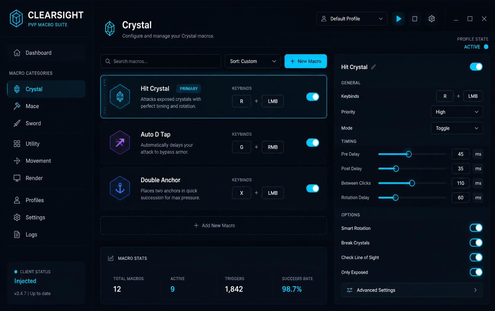 Clearsight desktop app showing crystal macro configuration