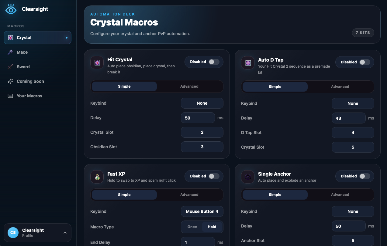 Clearsight desktop app showing crystal macro configuration